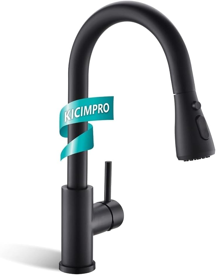 kicimpro Matte Black Kitchen Faucet with Pull Down Sprayer, 304 Stainless Steel, 23-Inch Extended Hose Design, Three Water Functional Ways, Easy Installation - Image 1